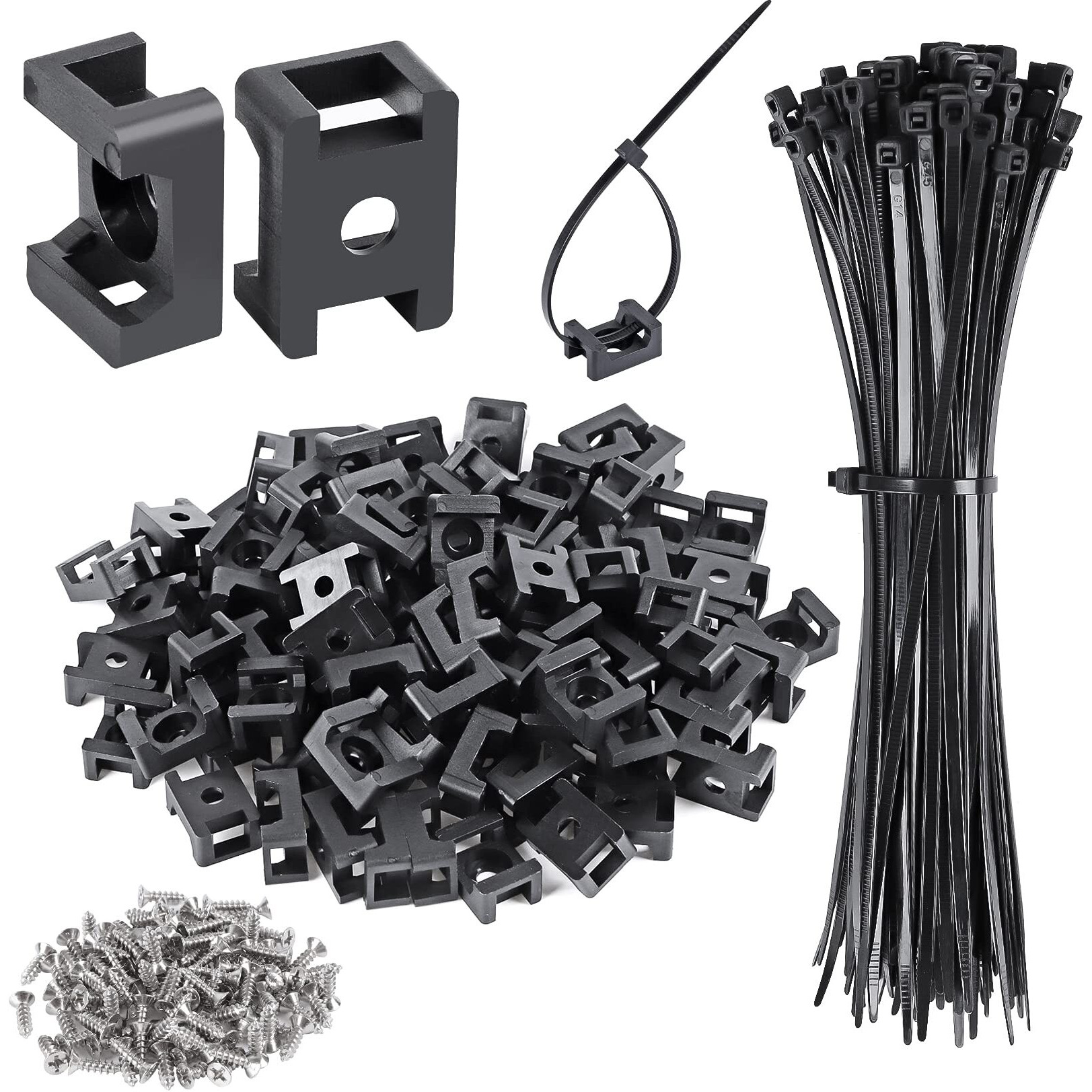 Xhf 100 Pcs Cable Zip Tie Saddle Type Mounts Base With 100 Pcs 8"" Cable Ties And 100 Pcs Tapping Screw  Wire Cable Clips Organizer Holders Clamps Black