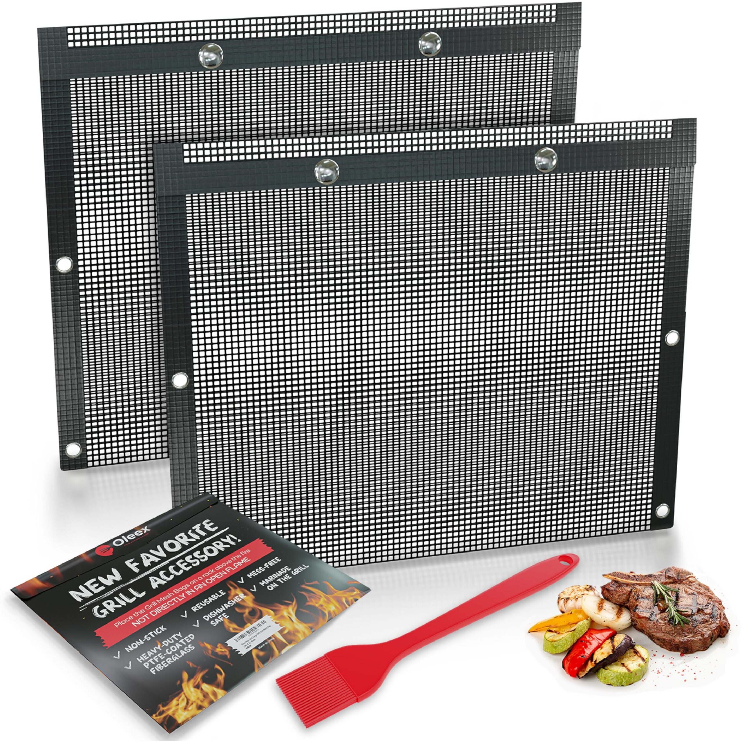 Bbq Non-Stick Large Mesh Grilling Bags + Basting Brush - Reusable Ptfe Mesh Indoor Outdoor Charcoal Barbecue Grill Bag Accessories  Heat-Resistant Up To 500 F  Easy To Clean  Dishwasher-Safe - Set Of 2