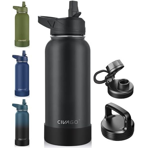 Civago 32 Oz Insulated Water Bottle With Straw  Stainless Steel Sports Water Cup Flask With 3 Lids (Straw  Spout And Handle Lid)  Wide Mouth Travel Thermal Mug  Black