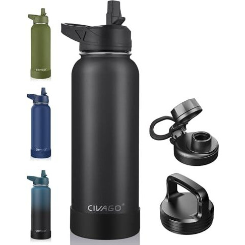 Civago 40 Oz Insulated Water Bottle With Straw  Stainless Steel Sports Water Cup Flask With 3 Lids (Straw  Spout And Handle Lid)  Double Walled Travel Thermal Canteen Mug  Midnight Black