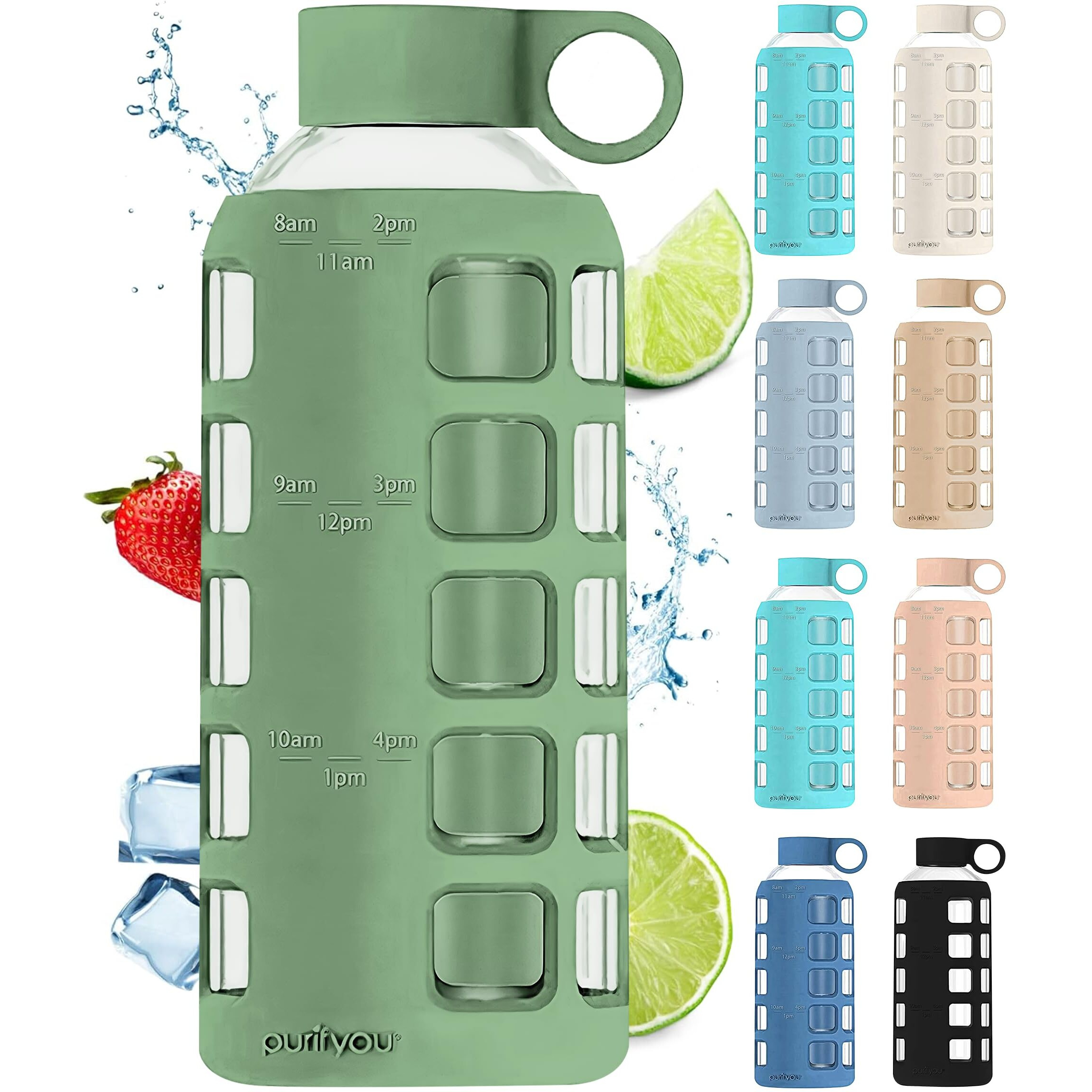 Purifyou 40Oz / 32Oz / 22Oz / 12Oz Borosilicate Glass Water Bottle With Time & Volume Markers  Silicone Sleeve  Stainless Steel Lid | Reusable Glass Bottle For Water & Juice (22Oz Shale Green)