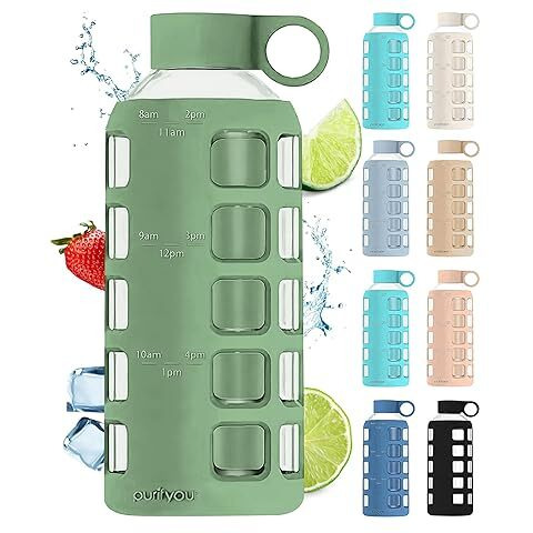 Purifyou 40Oz / 32Oz / 22Oz / 12Oz Borosilicate Glass Water Bottle With Time & Volume Markers  Silicone Sleeve  Stainless Steel Lid | Reusable Glass Bottle For Water & Juice (22Oz Shale Green)