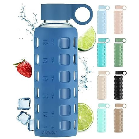 Purifyou 40Oz / 32Oz / 22Oz / 12Oz Borosilicate Glass Water Bottle With Time & Volume Markers  Silicone Sleeve  Stainless Steel Lid - Reusable Glass Bottle For Water & Juice (32Oz Chinese Porcelain)