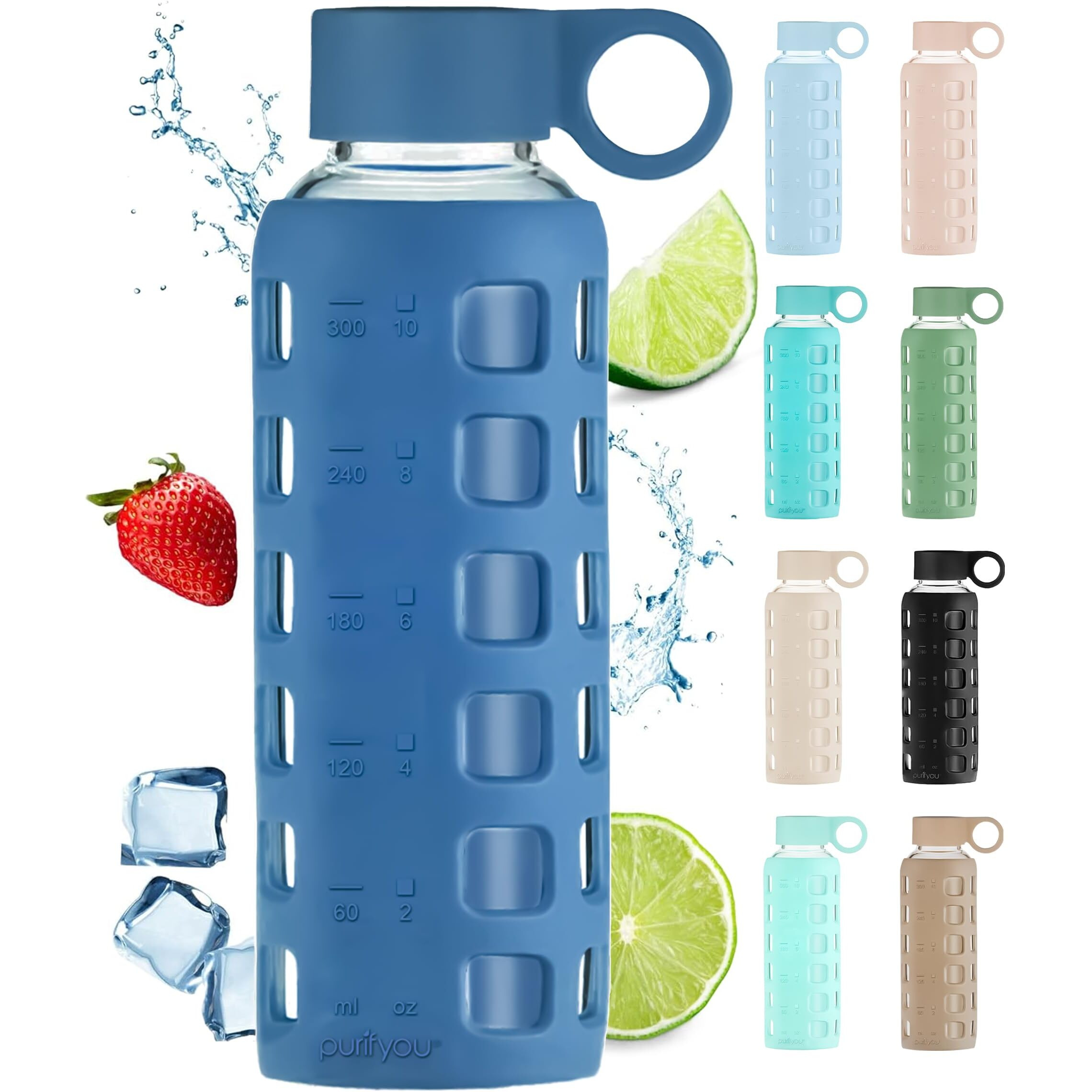 Purifyou 40Oz / 32Oz / 22Oz / 12Oz Borosilicate Glass Water Bottle With Time & Volume Markers  Silicone Sleeve  Stainless Steel Lid - Reusable Glass Bottle For Water & Juice (32Oz Chinese Porcelain)