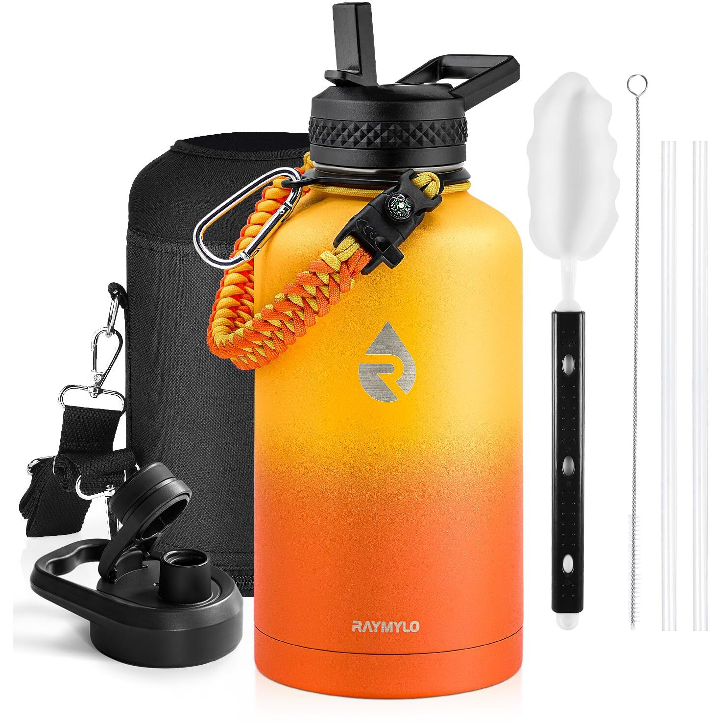 Raymylo Insulated Water Bottle 64 Oz  Triple Wall Vacuum Stainless Steel (Cold For 48 Hrs)  Leak Proof & Non-Bpa  Half Gallon Water Flask Jug With Paracord Handle & Straw Spout Lids  Ombre Orange