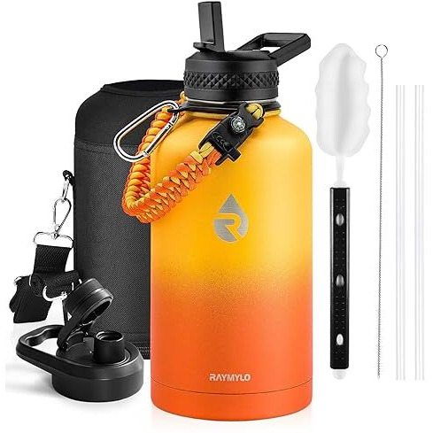 Raymylo Insulated Water Bottle 64 Oz  Triple Wall Vacuum Stainless Steel (Cold For 48 Hrs)  Leak Proof & Non-Bpa  Half Gallon Water Flask Jug With Paracord Handle & Straw Spout Lids  Ombre Orange