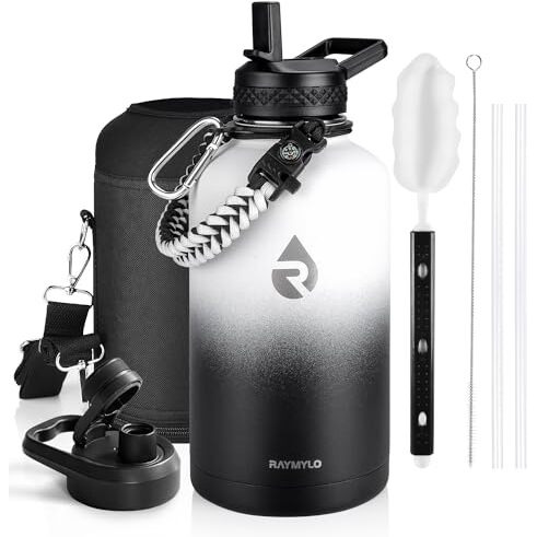 Raymylo Insulated Water Bottle 64 Oz  Triple Wall Vacuum Stainless Steel (Cold For 48 Hrs)  Leak Proof & Non-Bpa  Half Gallon Water Flask Jug With Paracord Handle & Straw Spout Lids  White/Black