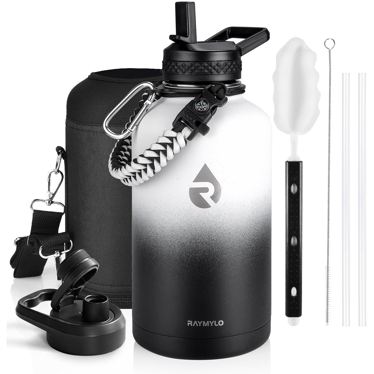 Raymylo Insulated Water Bottle 64 Oz  Triple Wall Vacuum Stainless Steel (Cold For 48 Hrs)  Leak Proof & Non-Bpa  Half Gallon Water Flask Jug With Paracord Handle & Straw Spout Lids  White/Black