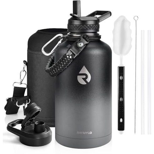 Raymylo Insulated Water Bottle 64 Oz  Triple Wall Vacuum Stainless Steel (Cold For 48 Hrs)  Leak Proof & Non-Bpa  Half Gallon Water Flask Jug With Paracord Handle & Straw Spout Lids  Dark Gray