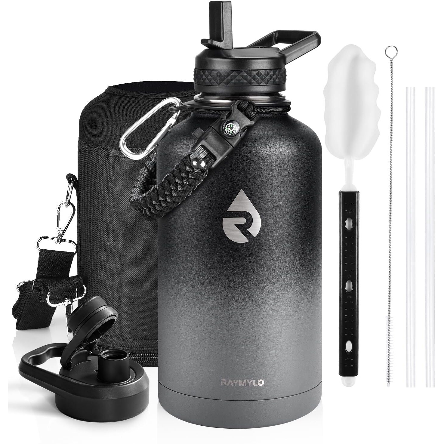 Raymylo Insulated Water Bottle 64 Oz  Triple Wall Vacuum Stainless Steel (Cold For 48 Hrs)  Leak Proof & Non-Bpa  Half Gallon Water Flask Jug With Paracord Handle & Straw Spout Lids  Dark Gray