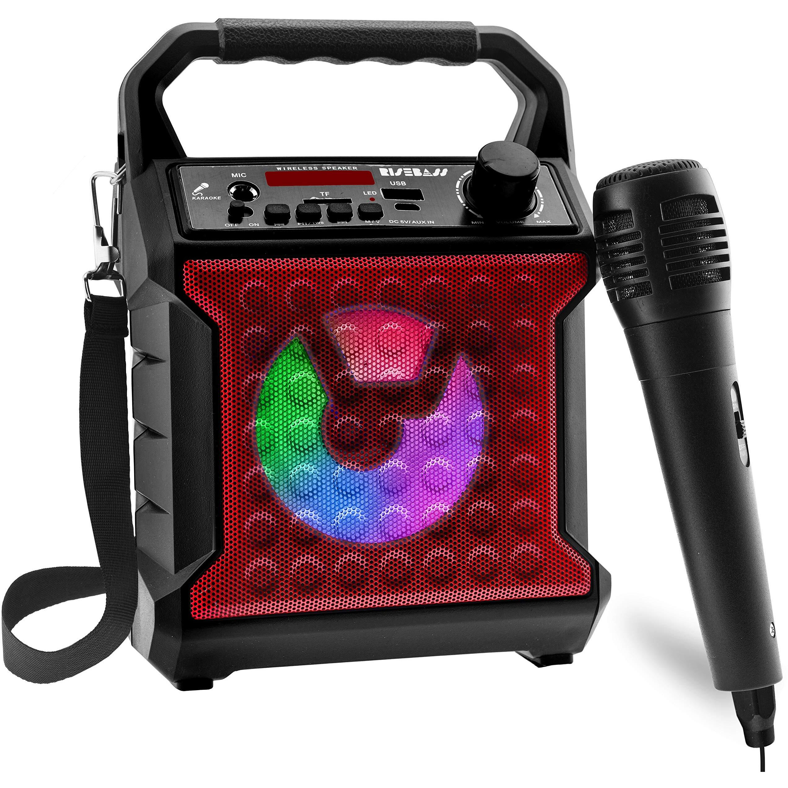 Risebass Portable Karaoke Machine With Microphone - Home Karaoke System With Party Lights For Kids And Adults - Rechargeable Usb Speaker Set With Fm Radio  Sd/Tf Card Support  And Aux-In