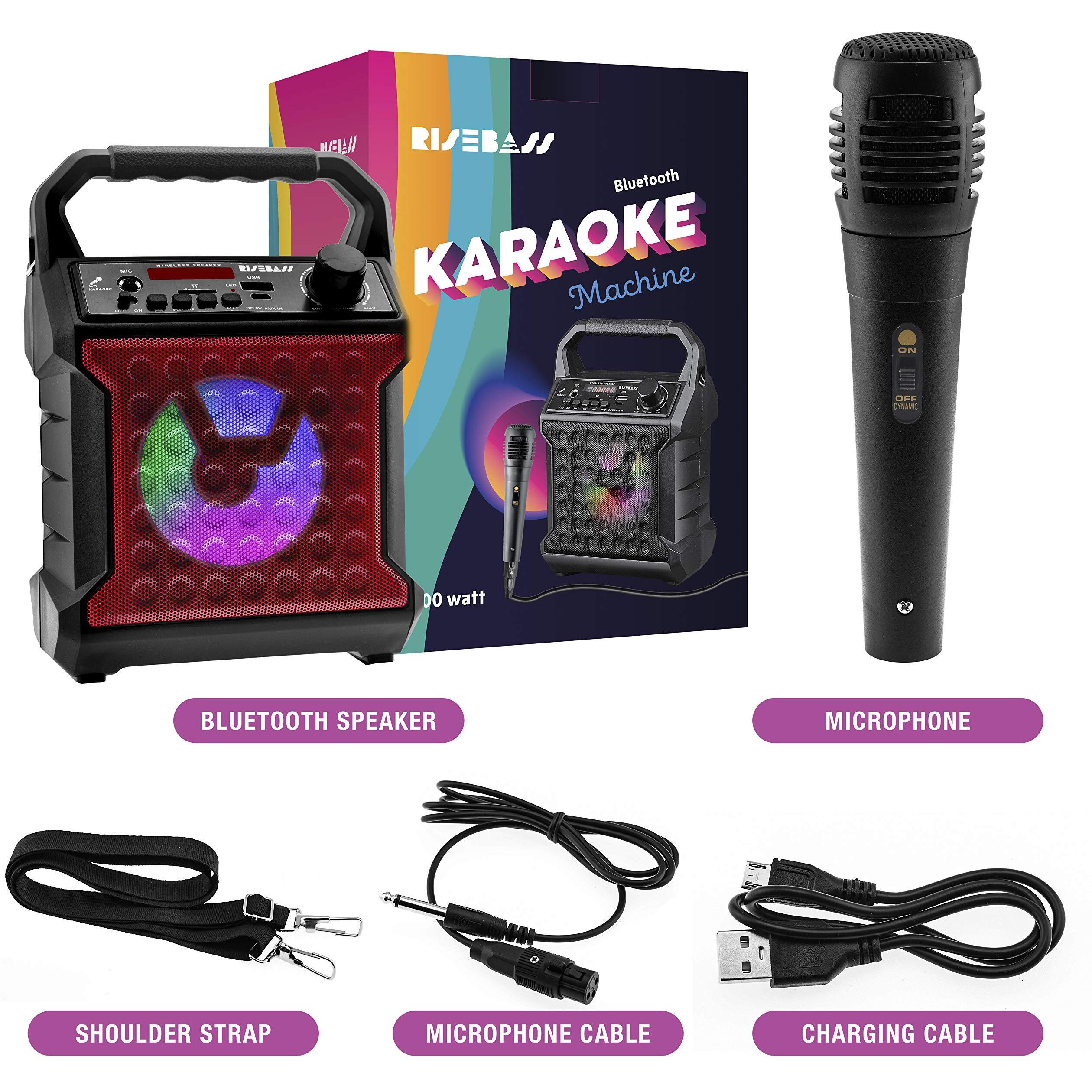 Risebass Portable Karaoke Machine With Microphone - Home Karaoke System With Party Lights For Kids And Adults - Rechargeable Usb Speaker Set With Fm Radio  Sd/Tf Card Support  And Aux-In