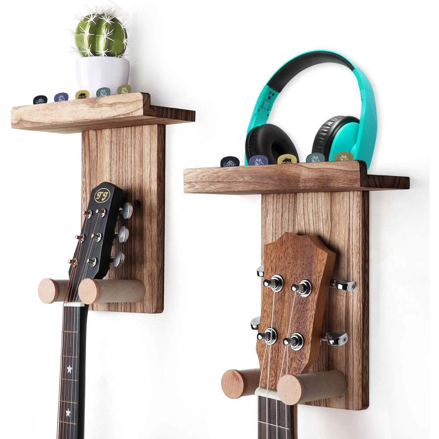 Keebofly Guitar Wall Mount 2 Pack Guitar Wall Hanger Holder Guitar Hanger Shelf With Pick Holder Wood Guitar Rack For Acoustic Or Electric Guitar Ukulele Bass Mandolin Brown [Patented]