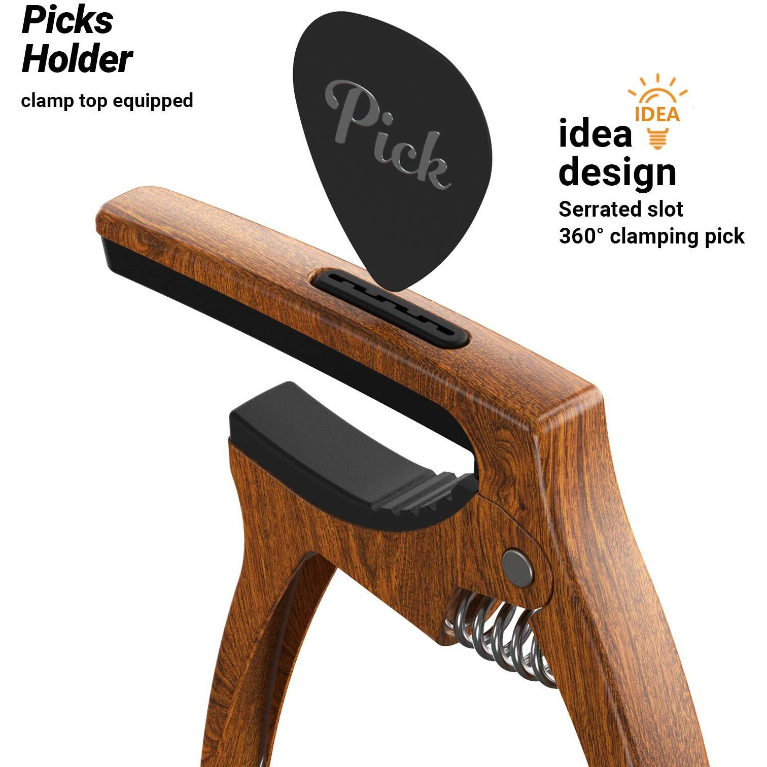 Tanmus 3In1 Guitar Capo For Acoustic And Electric Guitars(With Pick Holder And 4Picks) Ukulele Guitar Accessories(Wood)
