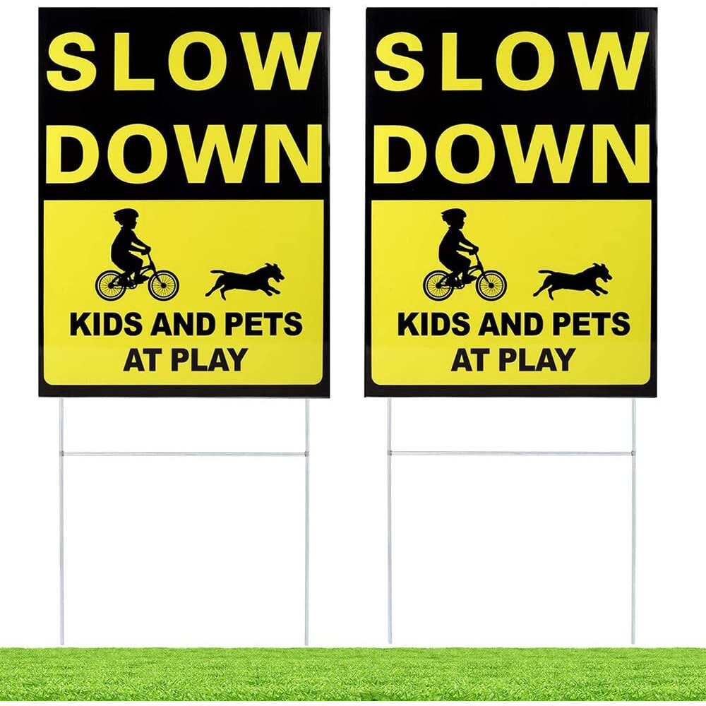 Kichwit 2 Pack Double Sided Slow Down Kids And Pets At Play Yard Signs With Metal Stakes  Sign Measures 11.8 X 15.7 Inches