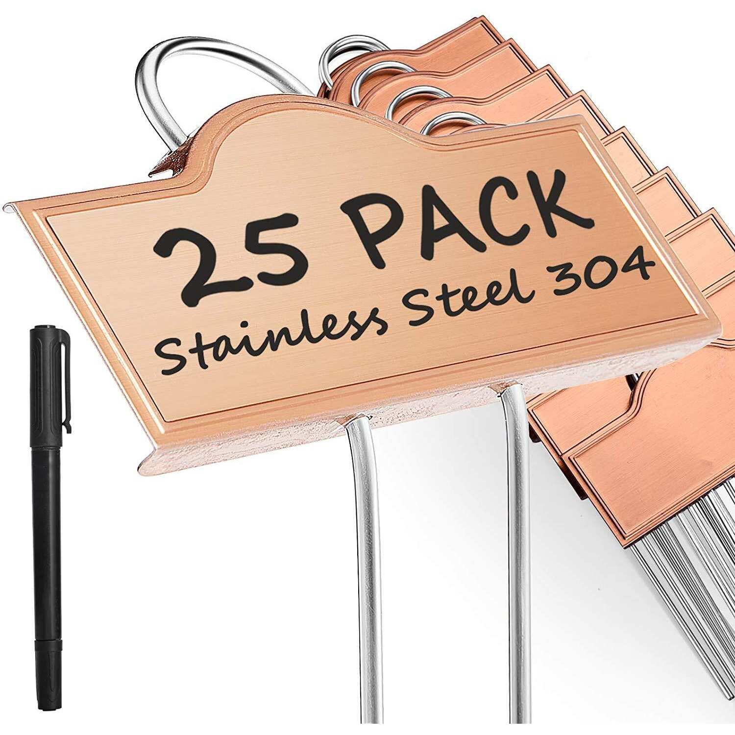 Metal Plant Labels Weatherproof 25 Pack  Outdoor Stainless Steel Ss304 Garden Label Markers For Plants Vegetables Herb Seedlings Flowers With A Pen  Height 10.75 Inch  Label Area 3.74'' X 1.39''