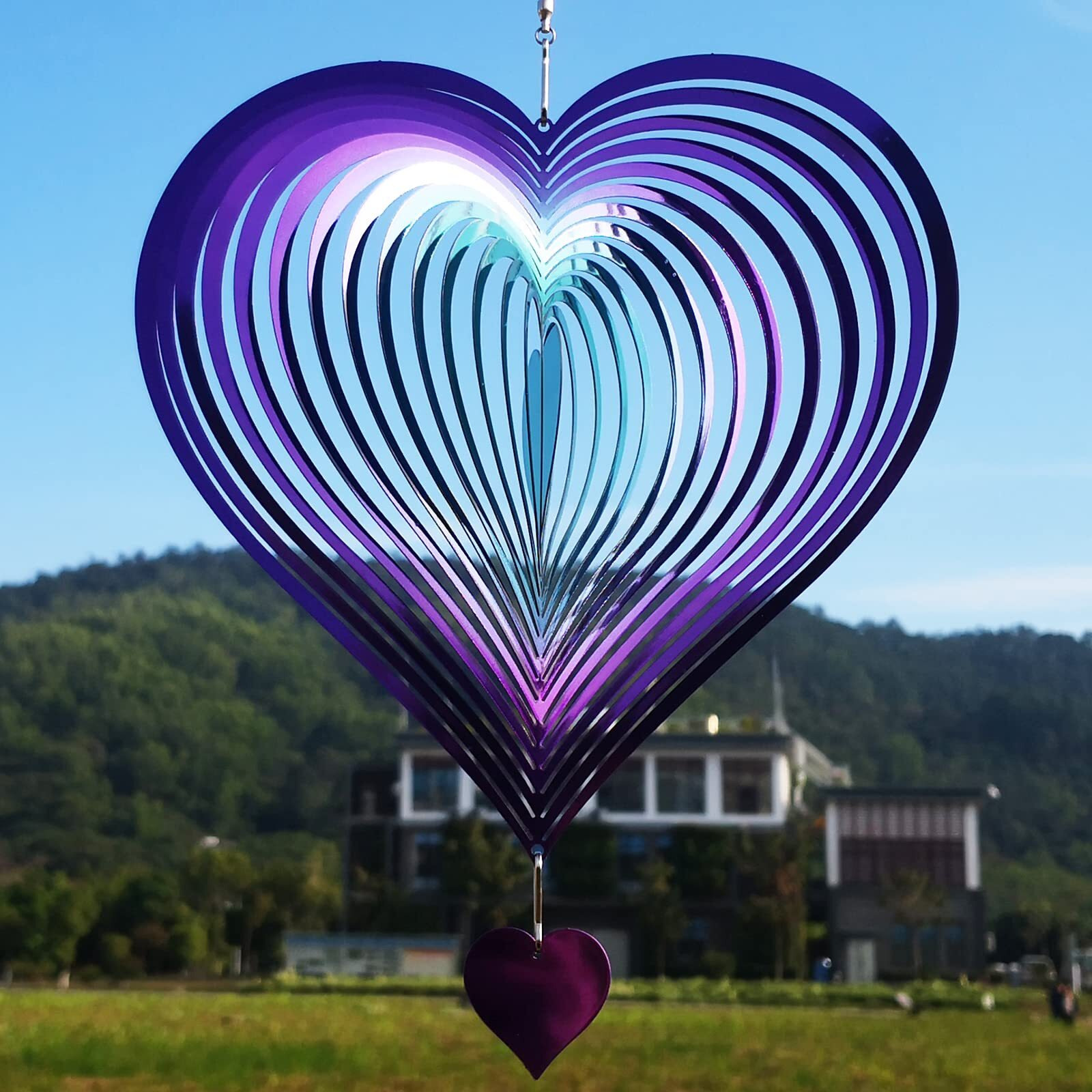 Djuan Wind Spinner Purple-Green Gradient Love Heart 3D Metal Hanging Wind Spinners Worth Gift Stainless Steel Yard Art Decorations Indoor/Outdoor Kinetic Wind Sculptures & Spinners
