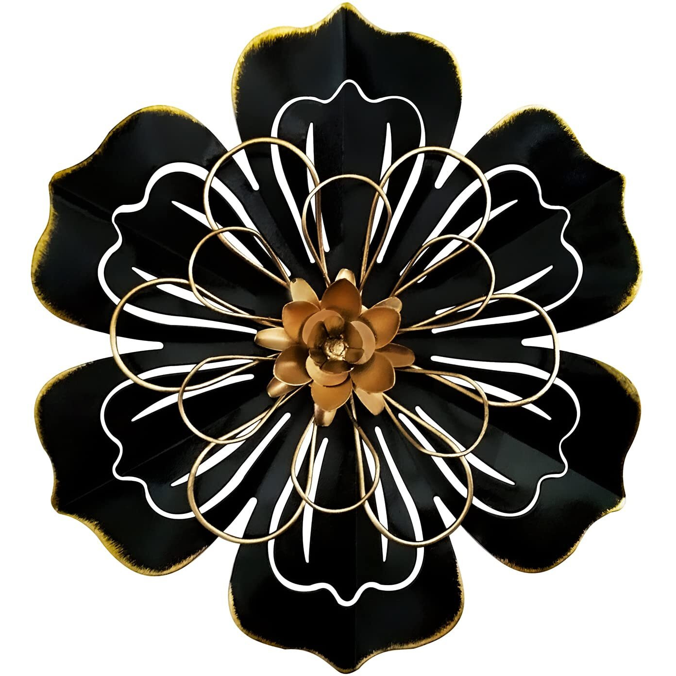 Metal Flower Wall Art Decor  8.3"" Rustic Modern Floral Sculpture  Distressed Iron Wall Hanging Home Decoration Accent Artworks For Indoor Kitchen Bedroom Living Room Office Outdoor Garden Patio - 06 Black Gold