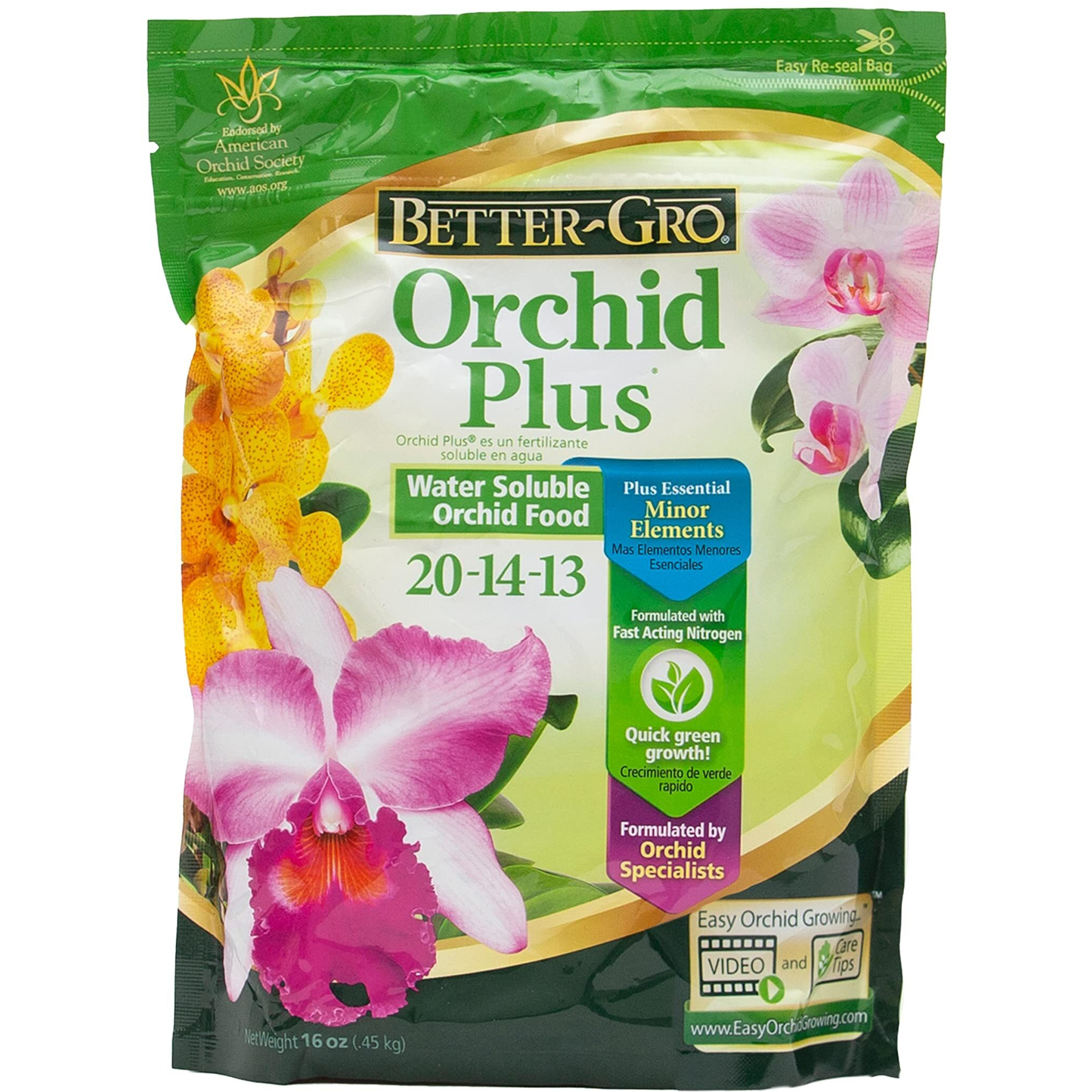 Better-Gro Orchid Plus 20-14-13 - Urea-Free Orchid Fertilizer For Vigorous Growth  Water Soluble  Nitrate Nitrogen-Rich  Ideal For Indoor Potted Plants And Tropical Plants - 16 Oz Resealable Bag