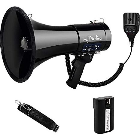 Mymealivos Megaphone With Siren Bullhorn 50 Watt Bullhorn Speaker With Detachable Microphone  Portable Lightweight Strap & 3.5Mm Aux Input (Ink+Battery)
