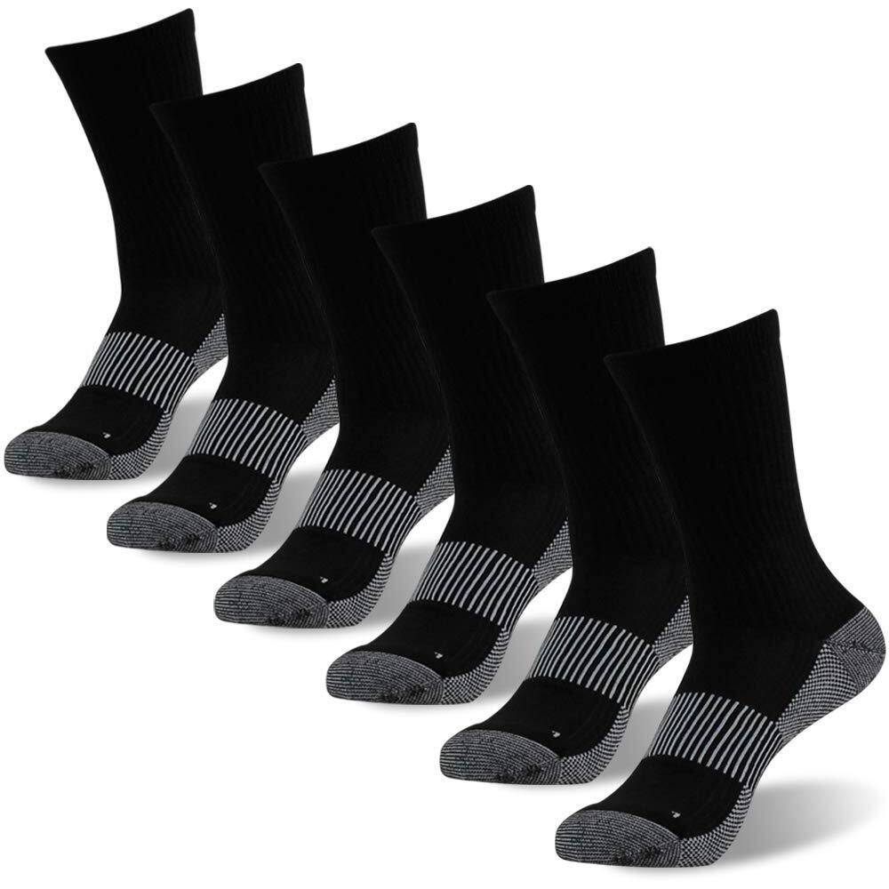 Copper Socks For Men  Women Footplus Mid Calf Arch Support Moisture Wicking Running Cross Cushioned Sole Anti Odor Hiking Camping Trekking Mountain Climbing Socks  6 Pairs All Black Fit  Large