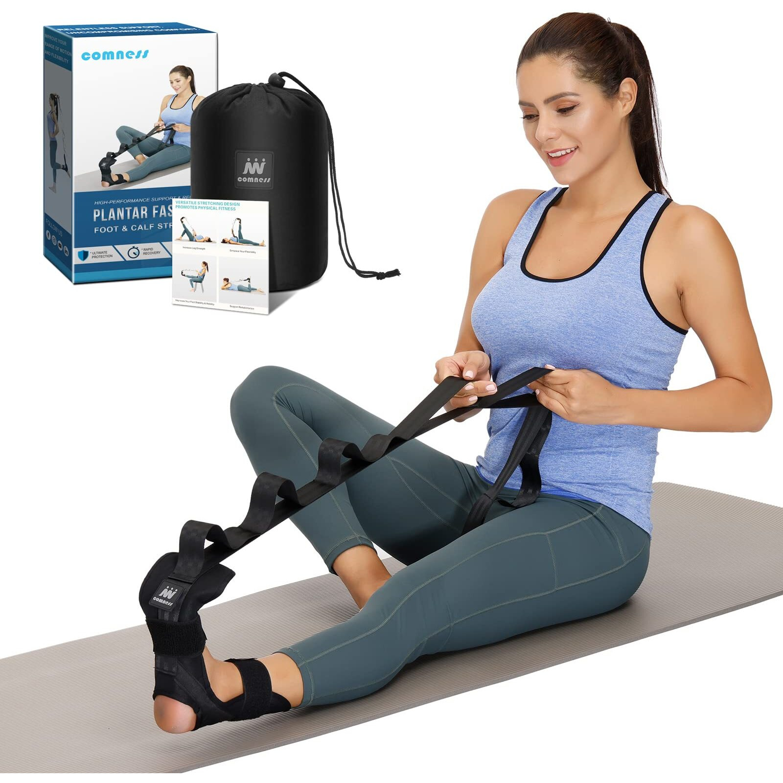 Comness Foot And Calf Stretcher-Stretching Strap For Plantar Fasciitis   Heel Spurs  Foot Drop  Achilles Tendonitis & Hamstring. Yoga Foot & Leg Stretch Strap. (Black)
