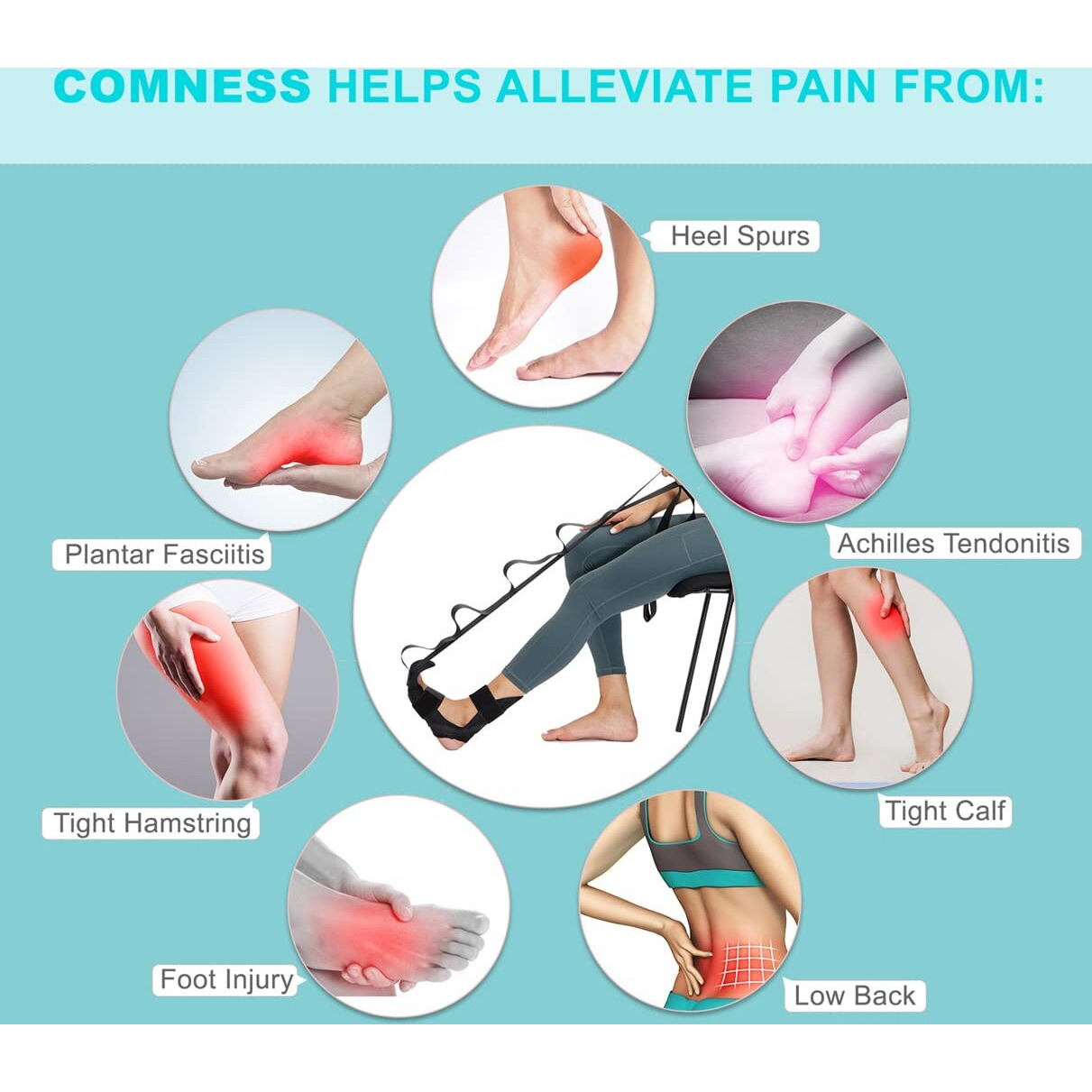 Comness Foot And Calf Stretcher-Stretching Strap For Plantar Fasciitis   Heel Spurs  Foot Drop  Achilles Tendonitis & Hamstring. Yoga Foot & Leg Stretch Strap. (Black)