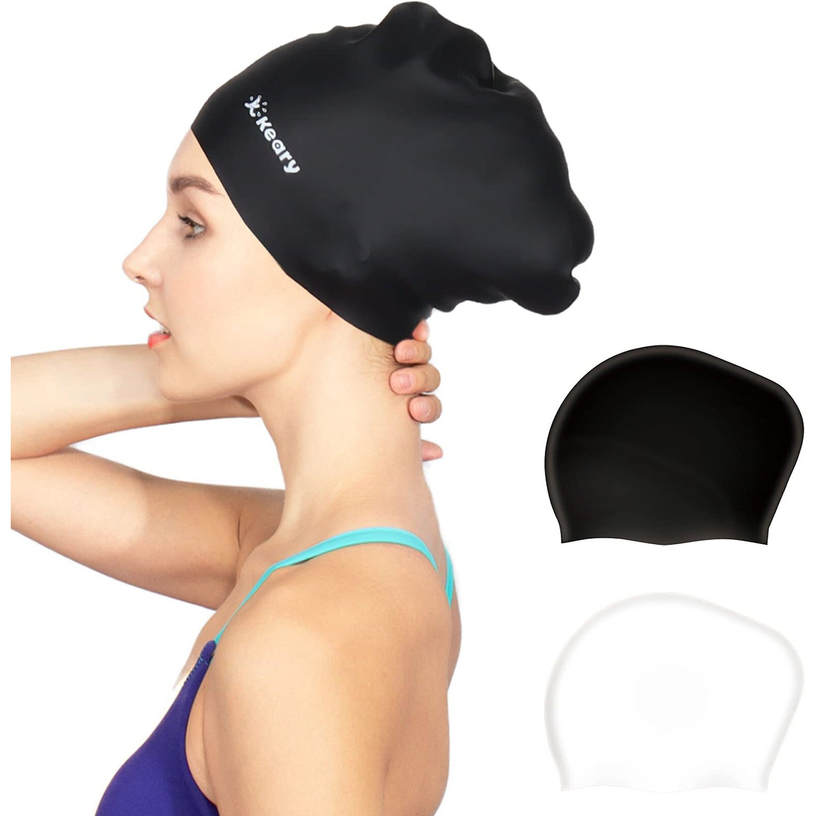 Keary 2 Pack Updated Silicone Swim Cap For Long Hair Women Girl Waterproof Bathing Pool Swimming Cap Cover Ears To Keep Your Hair Dry  3D Soft Stretchable Durable And Anti-Slip  Easy To Put On And Off