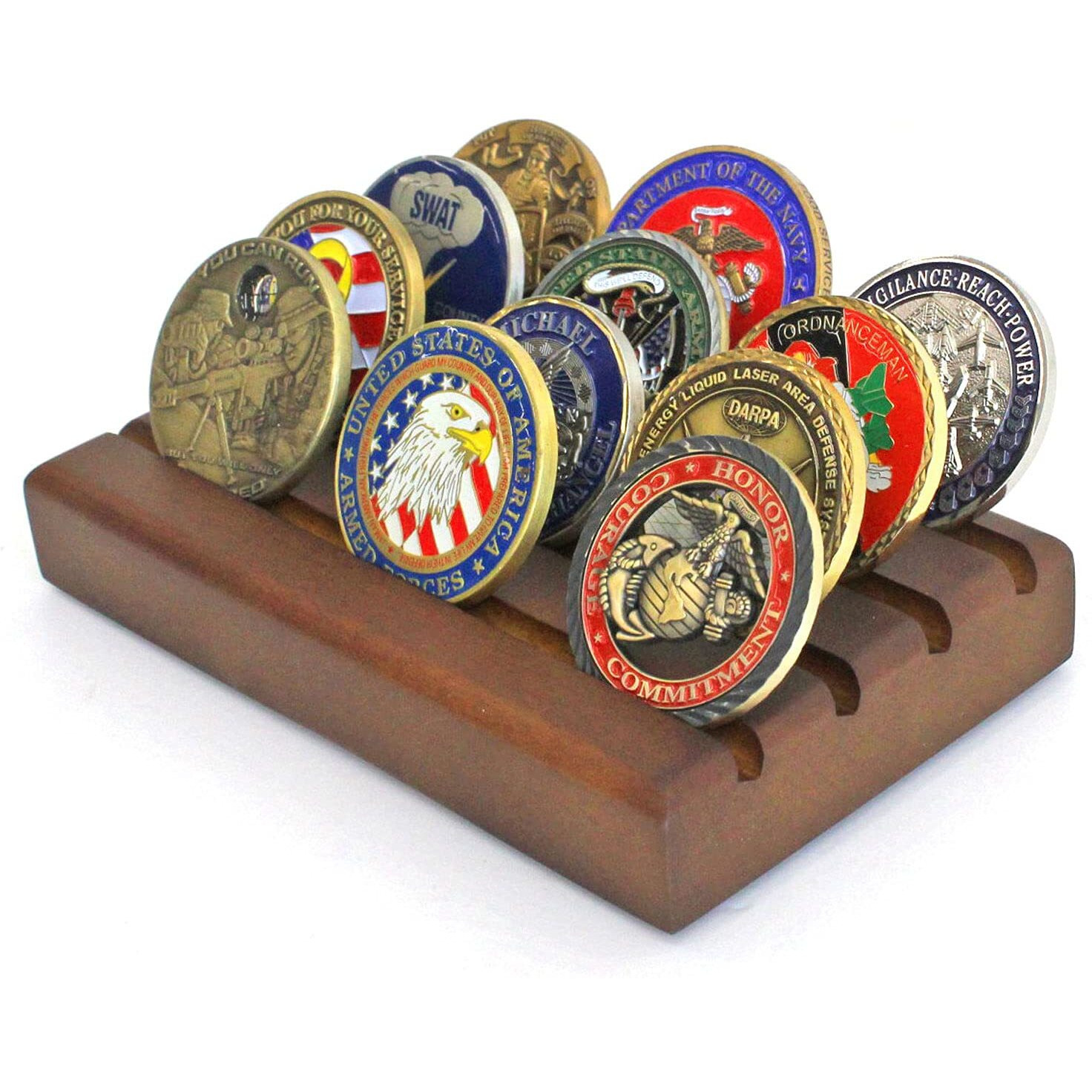 Displaygifts Challenge Coin Display Stand Wooden Holder Rack Case Holds 12 Military Challenge Coins  Walnut Finish