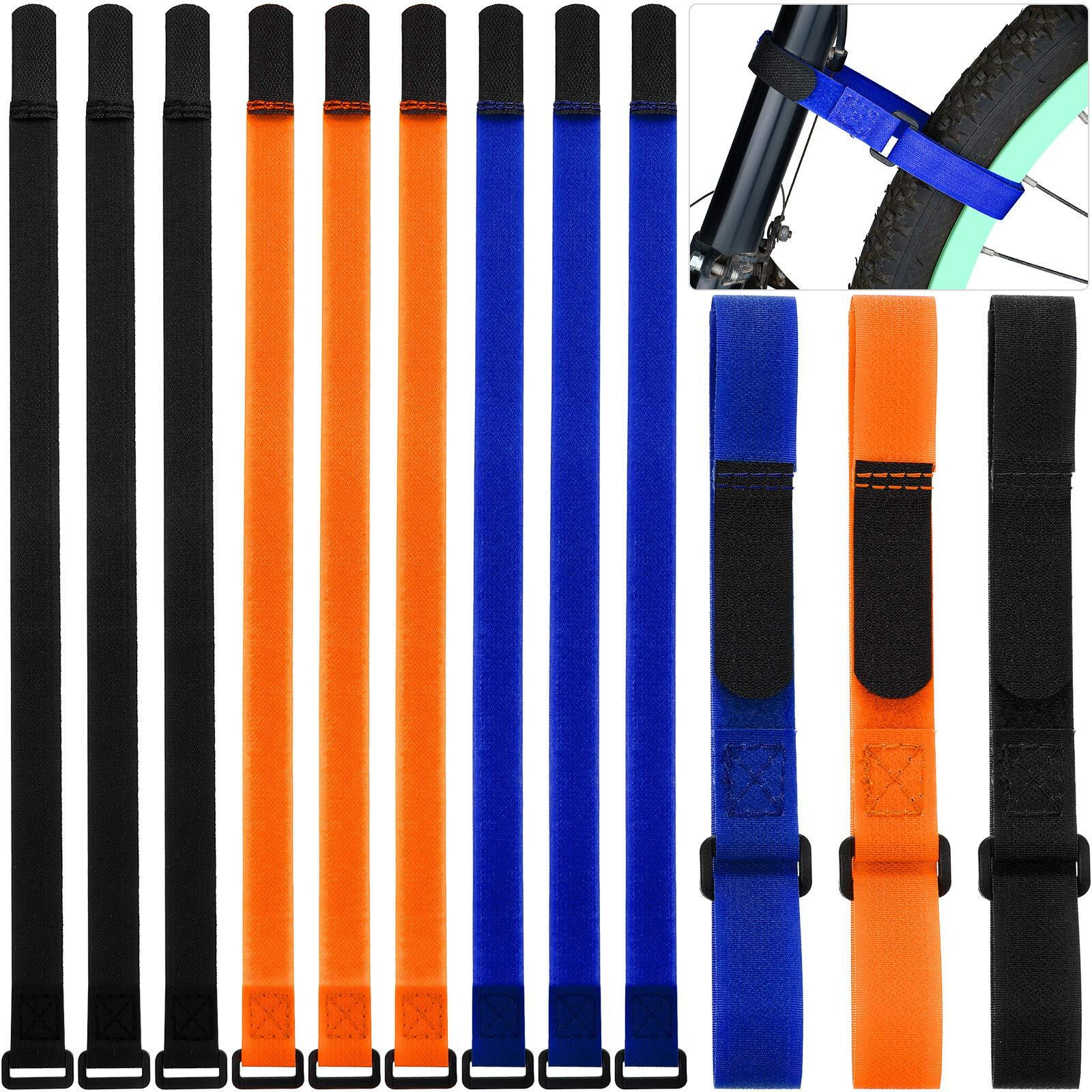 Hestya 12 Pieces Bike Rack Straps 26 Inches Adjustable Bike Cinch Straps Bike Wheel Stabilizer Straps Bicycle Accessories For Transporting Bicycles (Black  Orange  Blue)