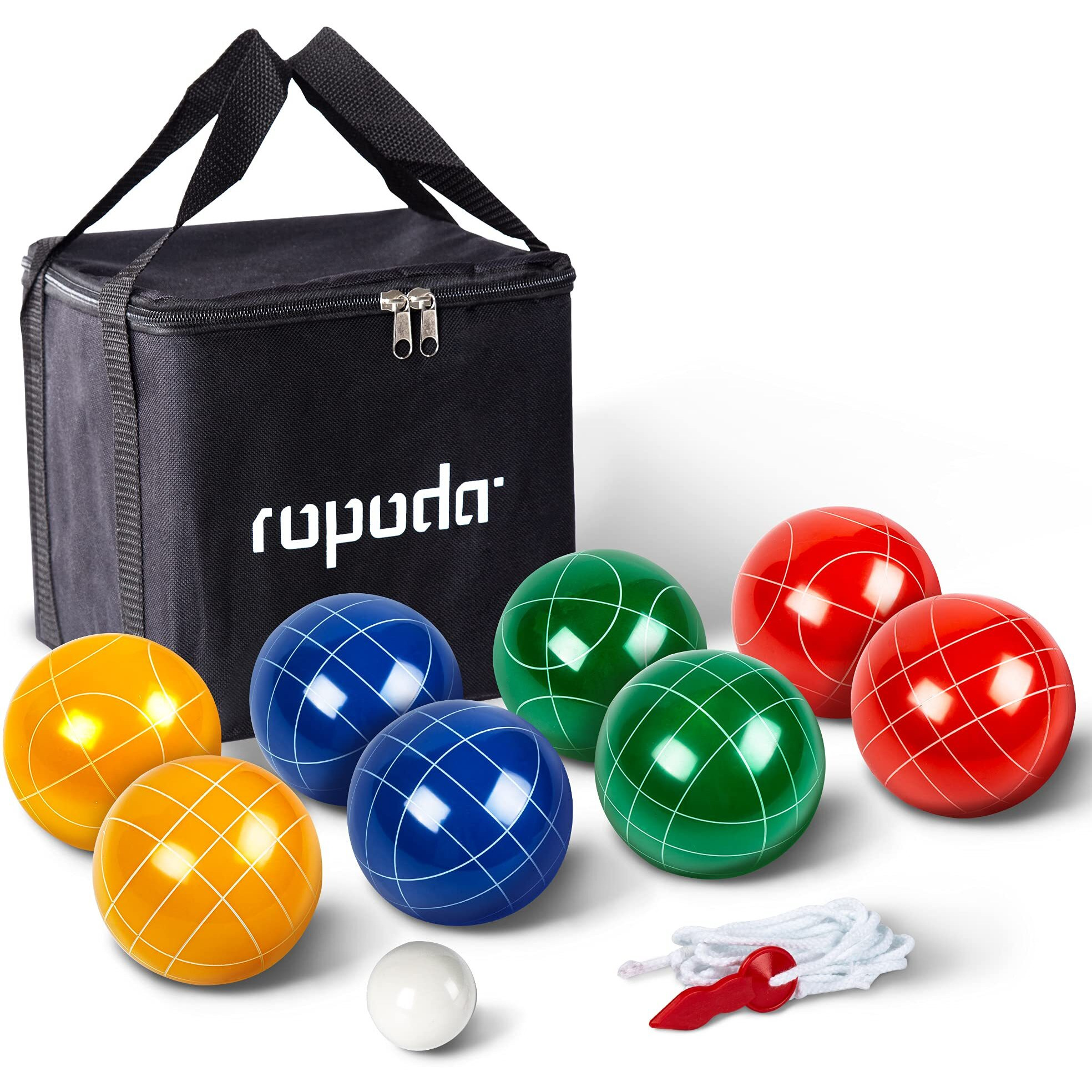 Ropoda 90Mm Bocce Ball Set With 8 Balls  Pallino  Case And Measuring Rope For Backyard  Lawn  Beach & More (4 To 8 Person Bocce Ball Set)