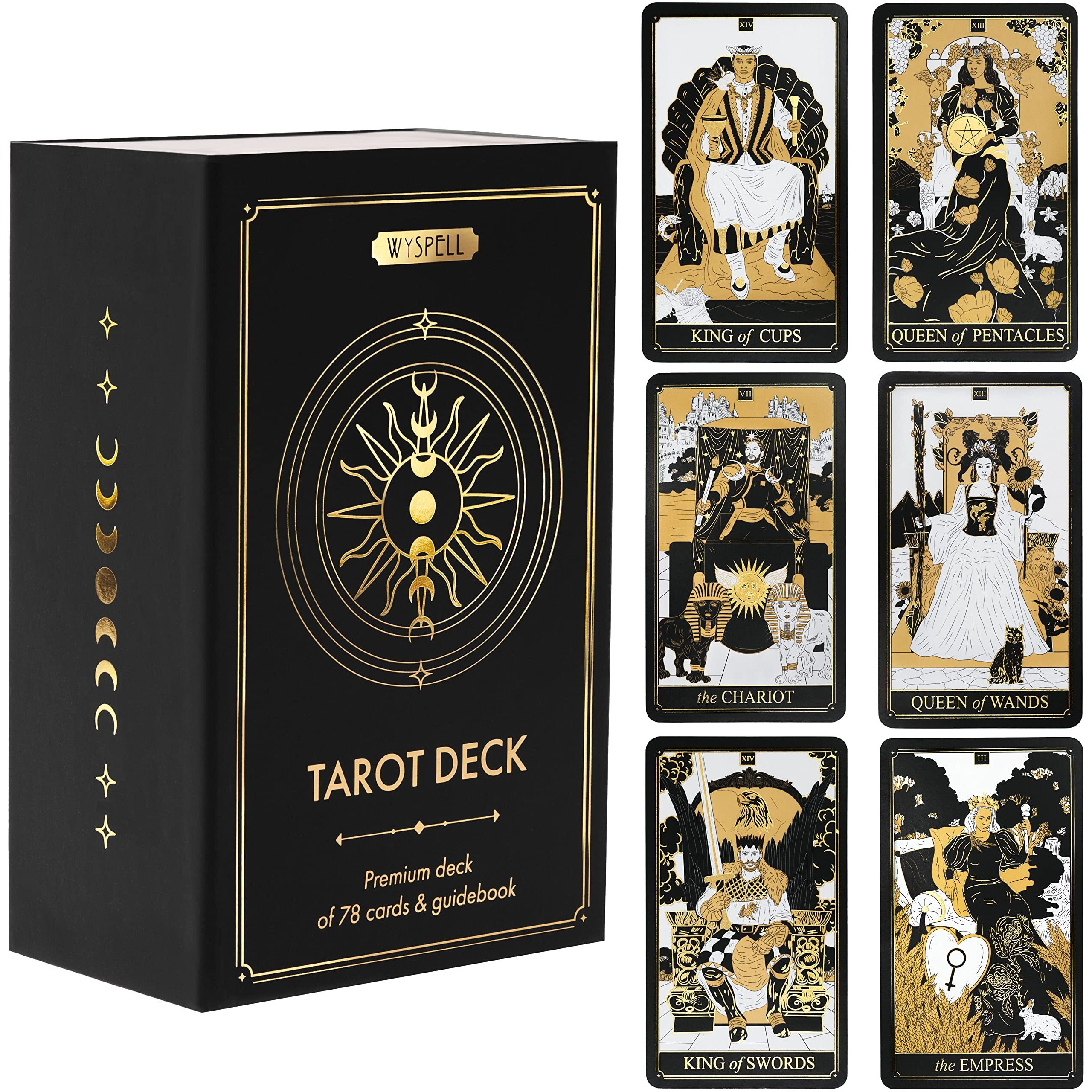 Wyspell Classic Tarot Cards With Guide Book - 78 Gold Tarot Cards For Beginners Tarot Cards Set - Black Tarot Decks With Guidebook - Original Tarot Cards Deck - Tarot Deck With Guidebook