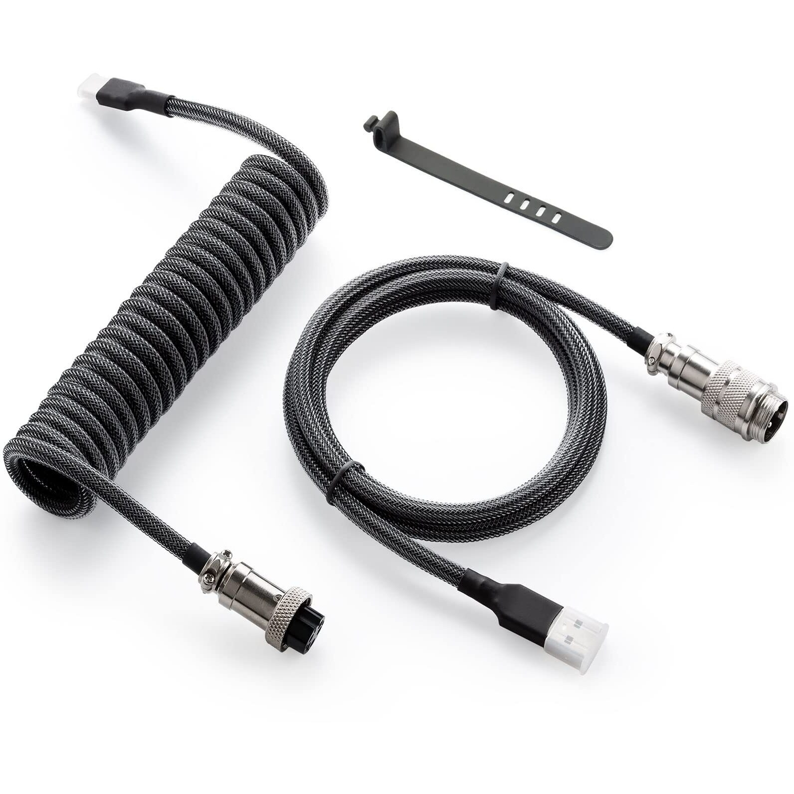 Gunmjo Pro Custom Coiled Usb C Cable For Gaming Keyboard  Double-Sleeved Mechanical Keyboard Cable With Detachable Metal Aviator  1.5M Usb-C To Usb-A  Carbon Black Color