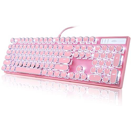 Camiysn Typewriter Style Mechanical Gaming Keyboard  Pink Retro Punk Gaming Keyboard With White Backlit  104 Keys Blue Switch Wired Cute Keyboard  Round Keycaps For Windows/Mac/Pc