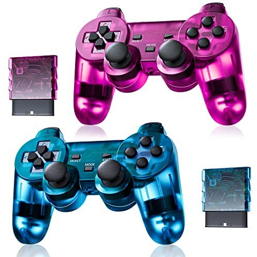 Burcica Wireless Controller For Ps2 Play Station 2 Dual Vibration 2 - Clearblue And Clearpurple