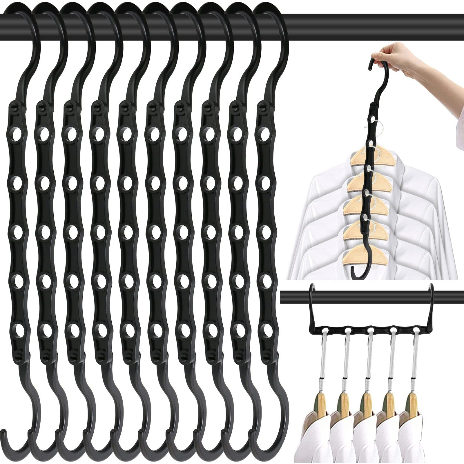 Space Saving Hangers  10Pcs Magic Hangers  5 Holes Sturdy Plastic Clothes Closet Organizers And Storage  Space Saver Organization  College Dorm Room Essentials (Black)