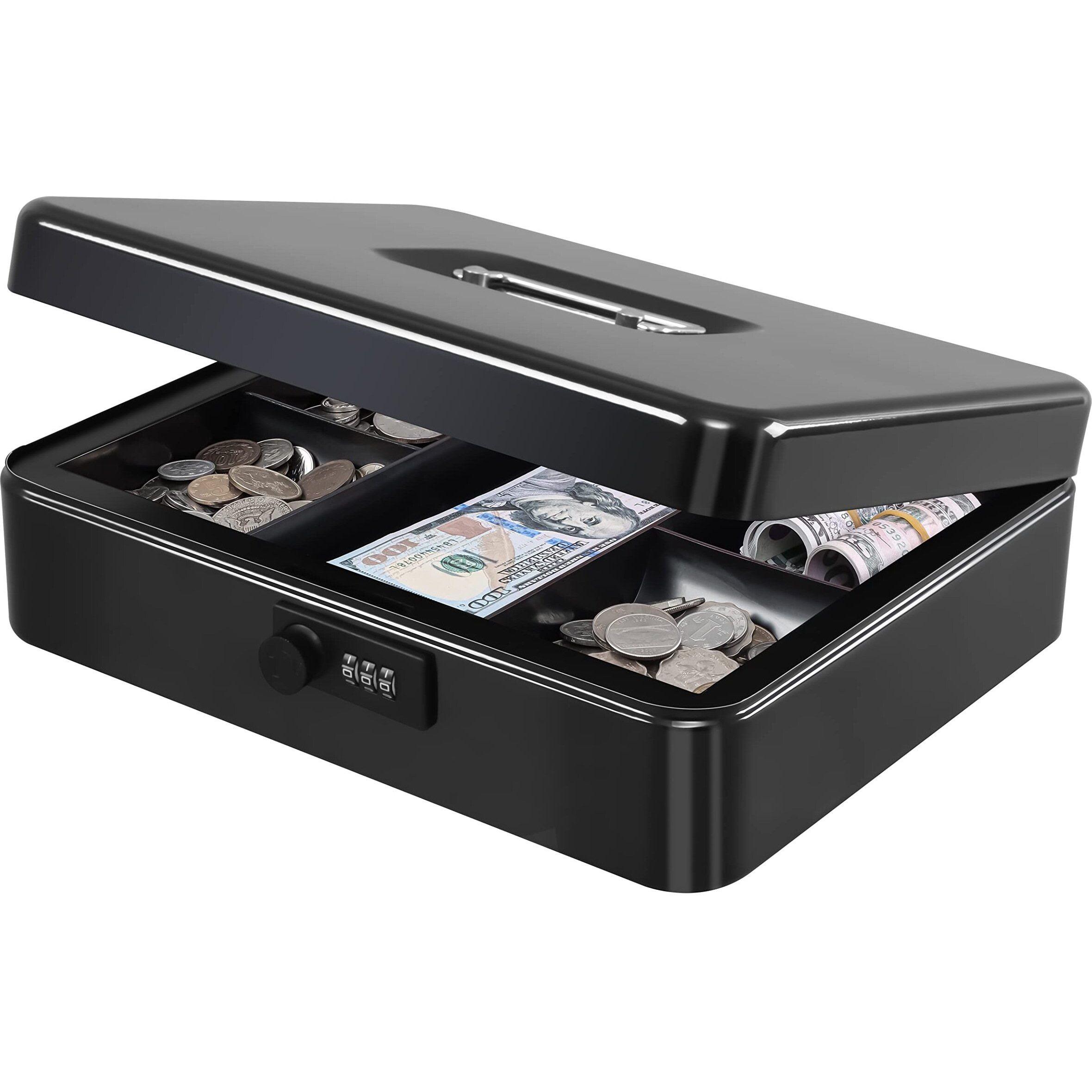 Kyodoled Metal Cash Box With Combination Lock Money Box For Cash Safe Metal Box With Money Tray For Security Lock Box 11.81"&quotX 9.45"&quotX 3.54"" Black X Large