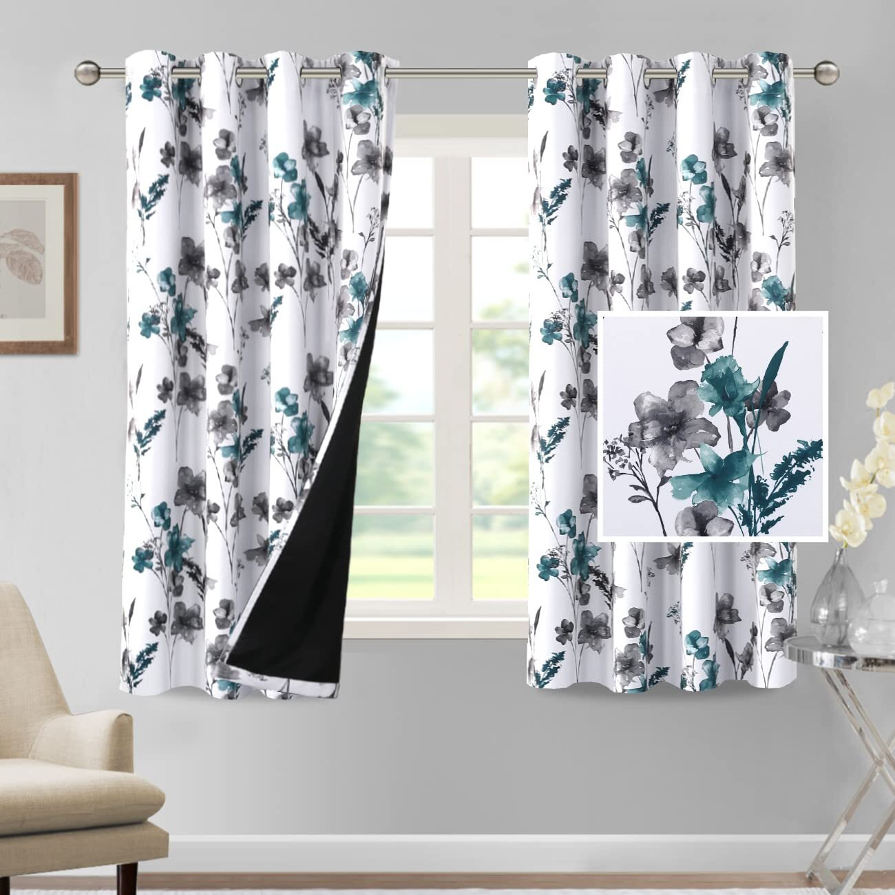 H.Versailtex 100% Blackout Curtains 63 Inch Length 2 Panels Set Cattleya Floral Printed Drapes Leah Floral Thermal Curtains For Bedroom With Black Liner Sound Proof Curtains  Grey And Teal