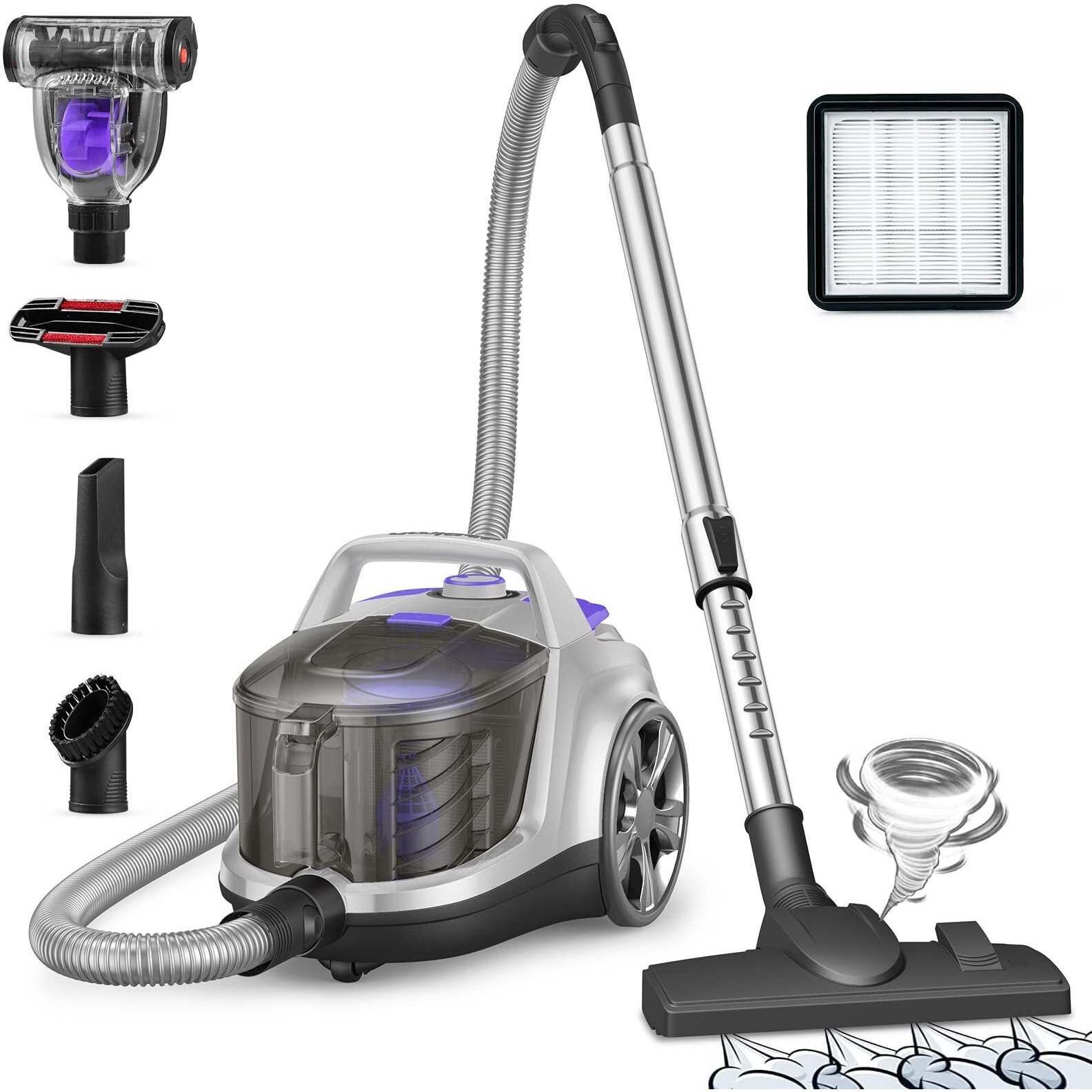 Aspiron Canister Vacuum Cleaner  Lightweight Bagless Vacuum Cleaner  3.7Qt Large Dust Cup  Automatic Cord Rewind  5 Tools  Hepa Filter  Variable Speed Portable Vacuum For Hard Floors  Pet  Car  Silver