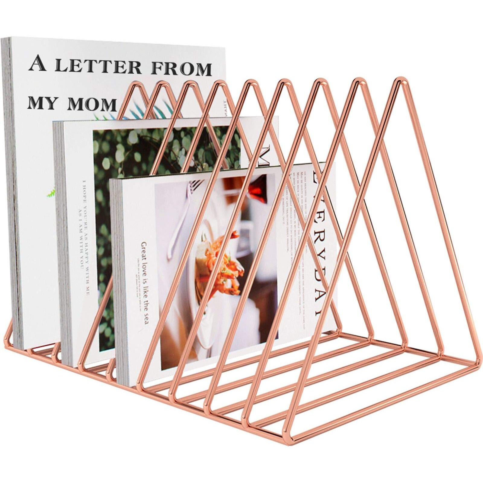 Files Folder Stand Desktop File Organizer  Triangle Wire Magazine Holder Book Shelf  9 Slot File Sorter Eye-Catching Decoration For Indoor Office Home  Photography Props  Fashion In Ins (Rose Gold)