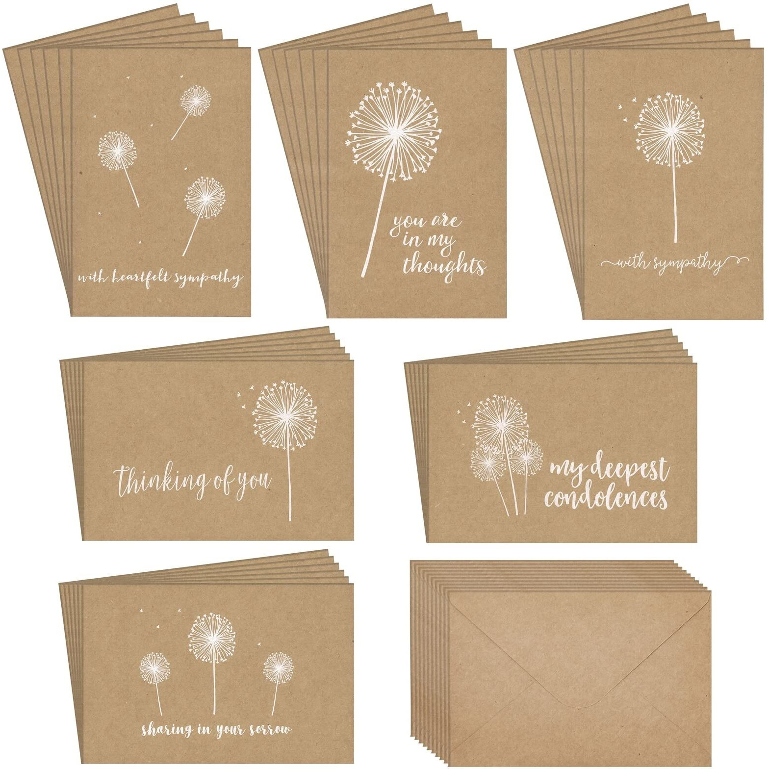 36 Pack Blank Sympathy Cards With Envelopes  Bulk Kraft Paper Condolence Cards With Envelopes For Bereavement  Thinking Of You  White Dandelion Design  Blank Inside (4X6 In)