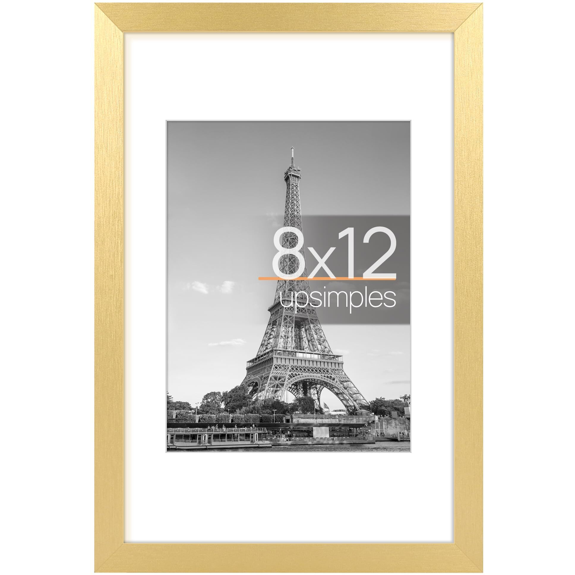 Upsimples 8X12 Picture Frame  Display Pictures 6X8 With Mat Or 8X12 Without Mat  Wall Hanging Photo Frame  Gold  1 Pack