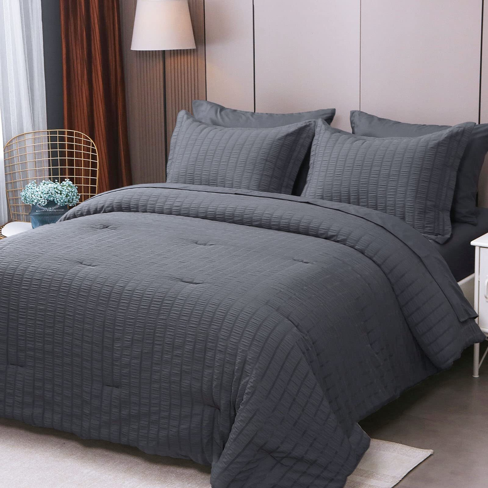 Hymokege California King Comforter Set Seersucker 7 Pieces  All Season Luxury Bed In A Bag For Bedroom  Bedding Set With Comforters  Sheets  Pillowcases & Shams  Dark Grey