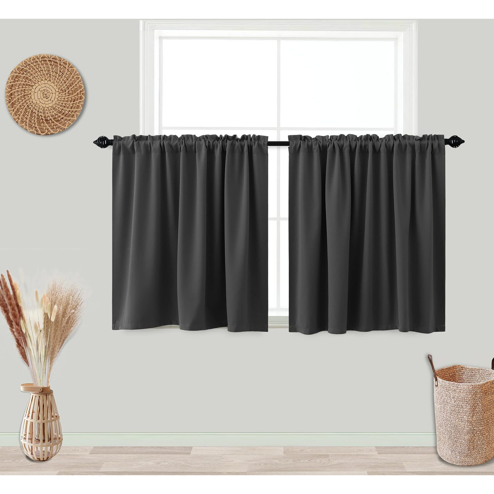 Grey Curtains 30 Inch Length For Basement Set 2 Panels Rod Pocket Cafe Tier Curtains Pair Blackout Short Room Darkening Curtains For Small Window Kitchen Bedroom Bathroom Charcoal Dark Gray 52X30 Long