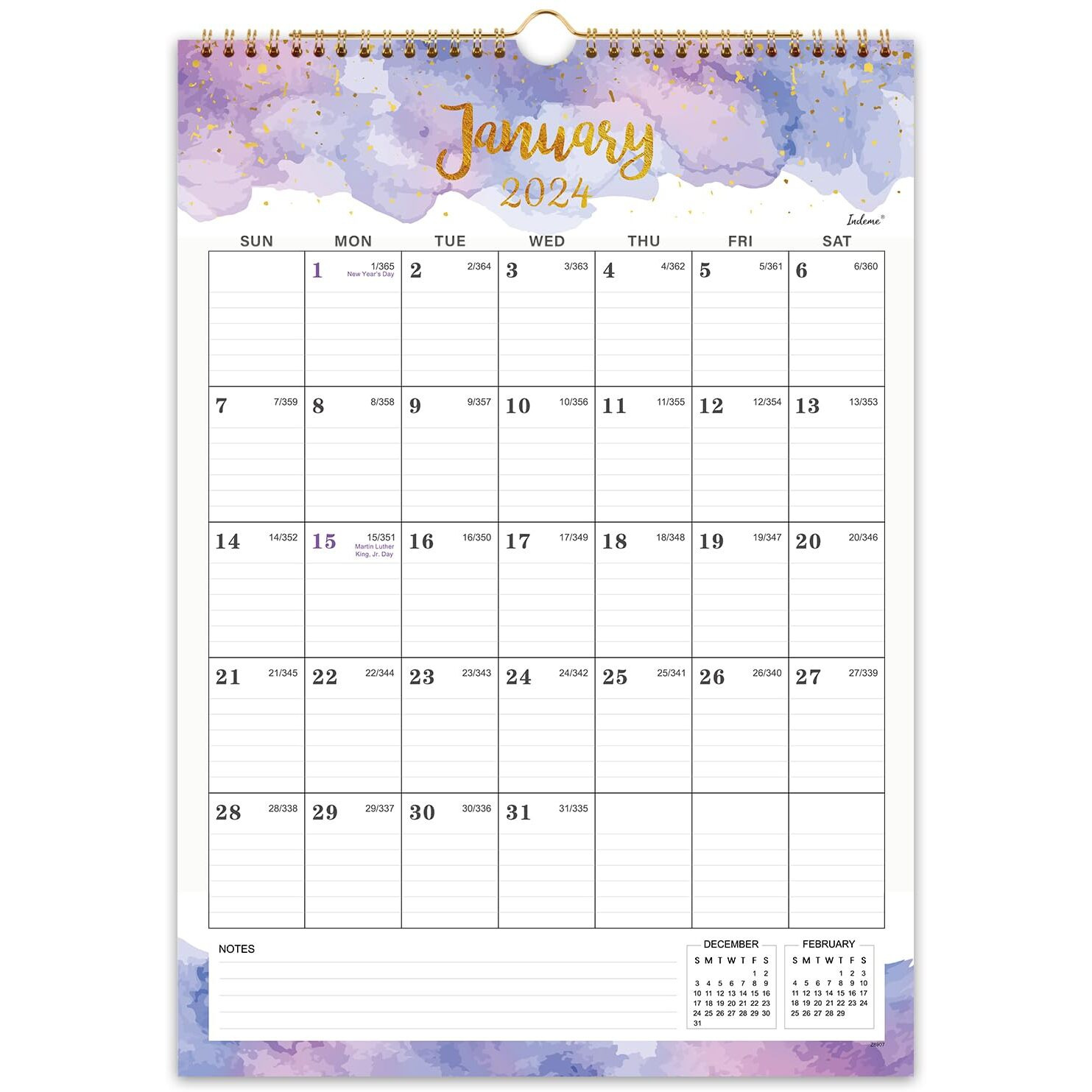 2024 Wall Calendar - Monthly Wall Calendar 2024  12"" X 17""  January 2024 - December 2024  Twin-Wire Binding  Hanging Hook  Blocks And Julian Dates - Colorful Waterink