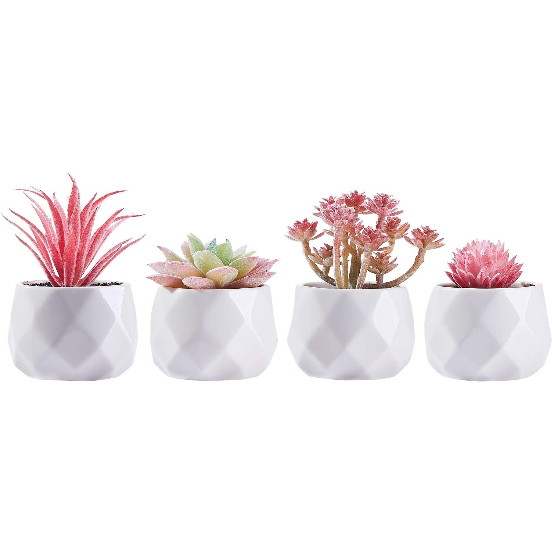 Cadnly Small Fake Desk Plant - Pink Decor For Women Desk - Artificial Succulent Plants - Faux Succulents In White Ceramic Pots - Mini Pink Succulent Decor For Bedroom Bathroom Bookshelf Office