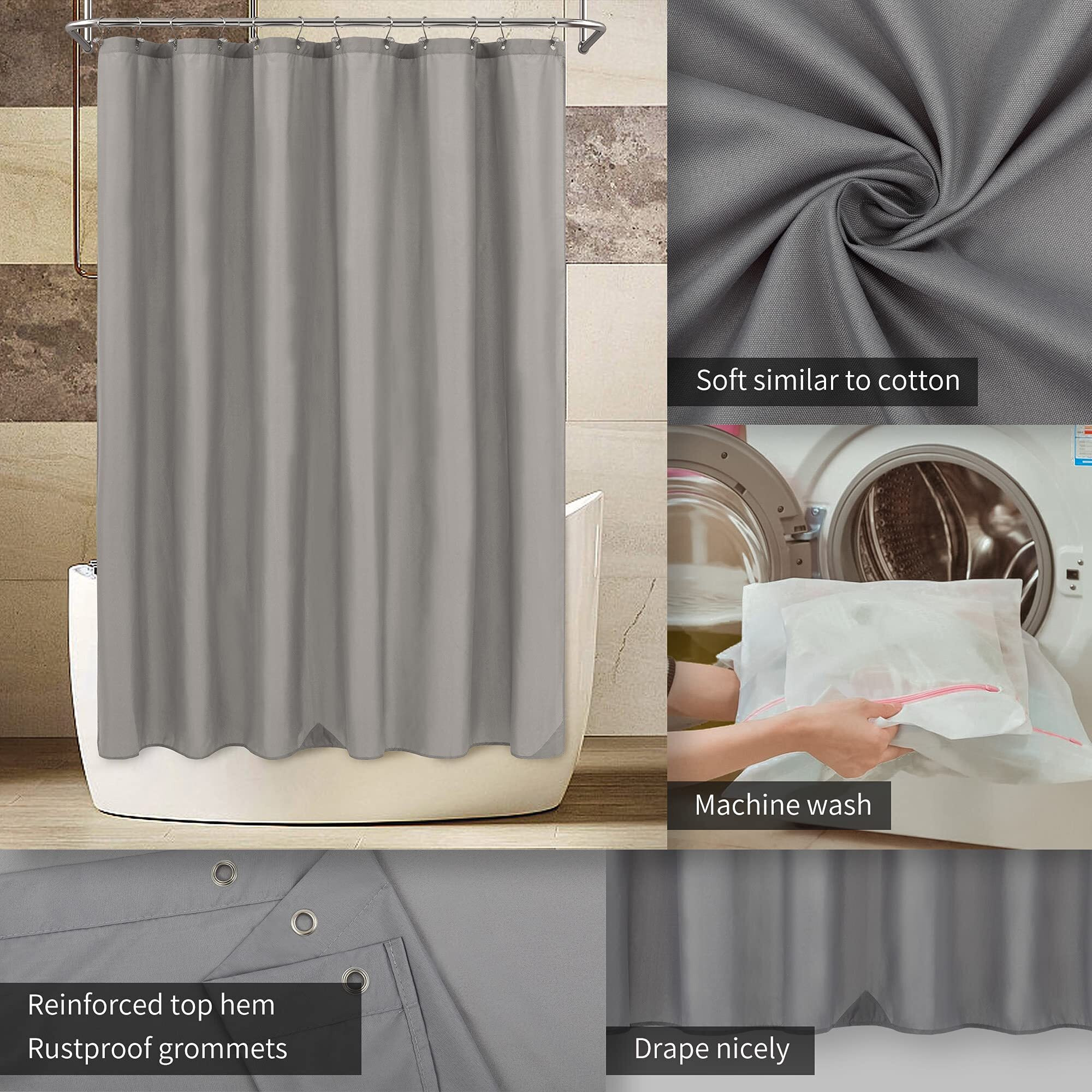 Alyvia Spring Waterproof Fabric Shower Curtain Liner - Soft & Light-Weight Cloth Shower Liner With Magnets  Hotel Quality & Machine Washable - Standard Size 72X72  Gray