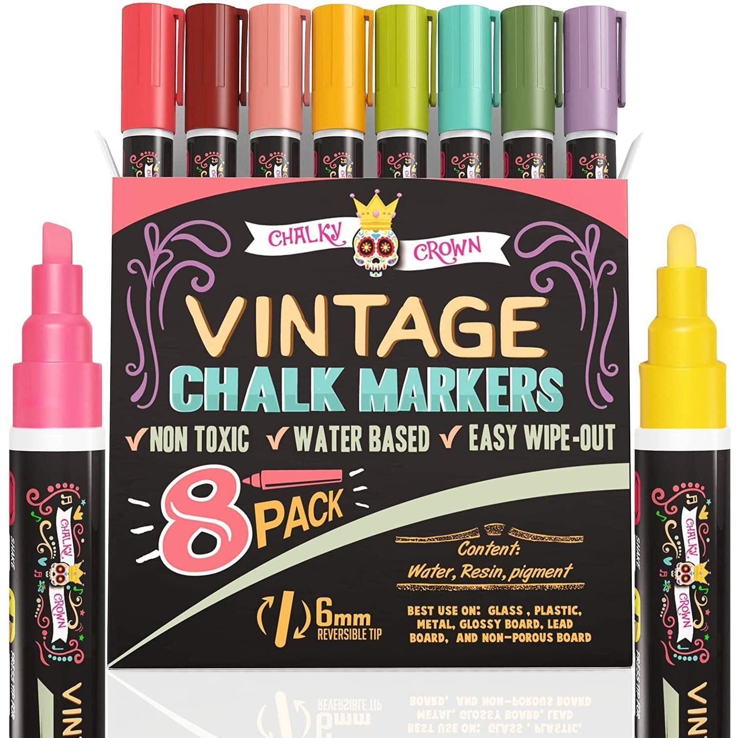 Chalky Crown Liquid Chalk Markers - Dry Erase Marker Pens - Chalk Markers For Chalkboards  Signs  Windows  Blackboard  Glass - Reversible Tip (8 Pack) - 24 Chalkboard Labels Included (Vintage  6Mm)