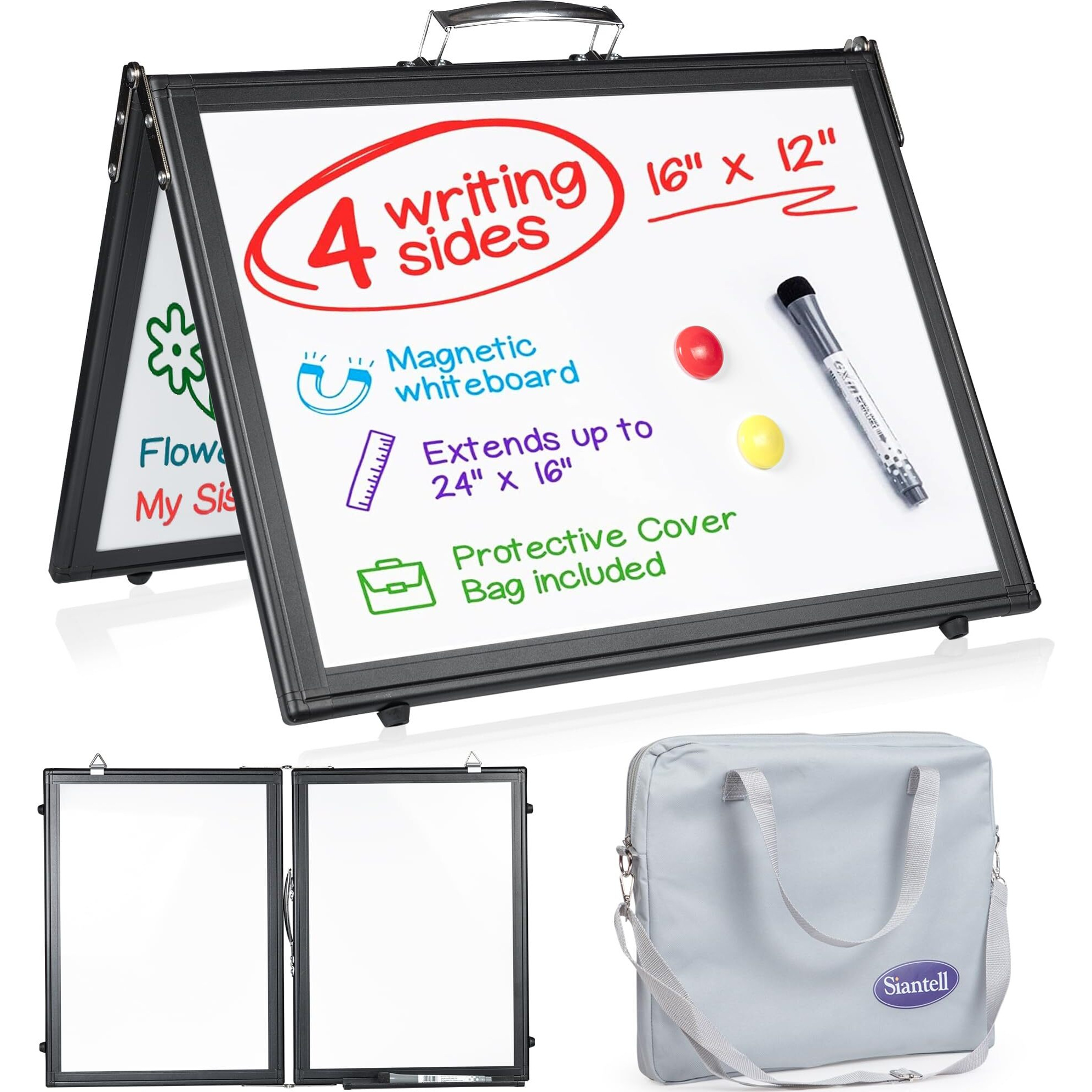 Small Dry Erase White Board - Magnetic Desktop Whiteboard - 16X12 Inch 4 Sides Portable Whiteboard For Kids - Tabletop Mini Easel With Cover Bag For Office Desk  Students  Teachers