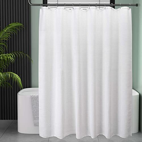 Amazerbath White Shower Curtain Fabric  Waffle Shower Curtain Polyester  Luxury Cloth Shower Curtains For Bathroom  Hotel Quality  Machine Washable  Heavy Duty  72 X 72 Inches (Matt White)